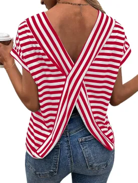 LilyCoco Womens Striped Open Back Tops Criss Cross Back Batwing Sleeve T Shirt