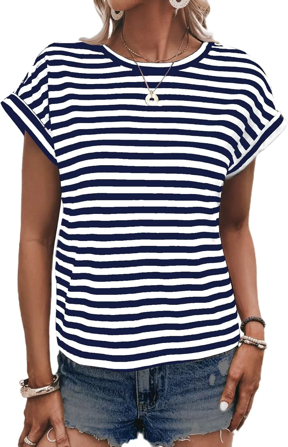 LilyCoco Womens Striped Open Back Tops Criss Cross Back Batwing Sleeve T Shirt