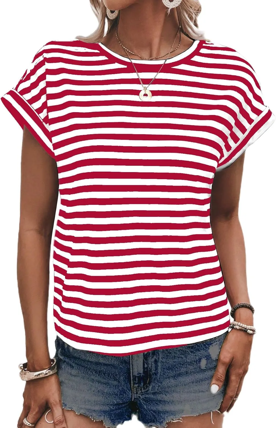 LilyCoco Womens Striped Open Back Tops Criss Cross Back Batwing Sleeve T Shirt