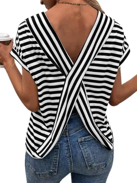 LilyCoco Womens Striped Open Back Tops Criss Cross Back Batwing Sleeve T Shirt
