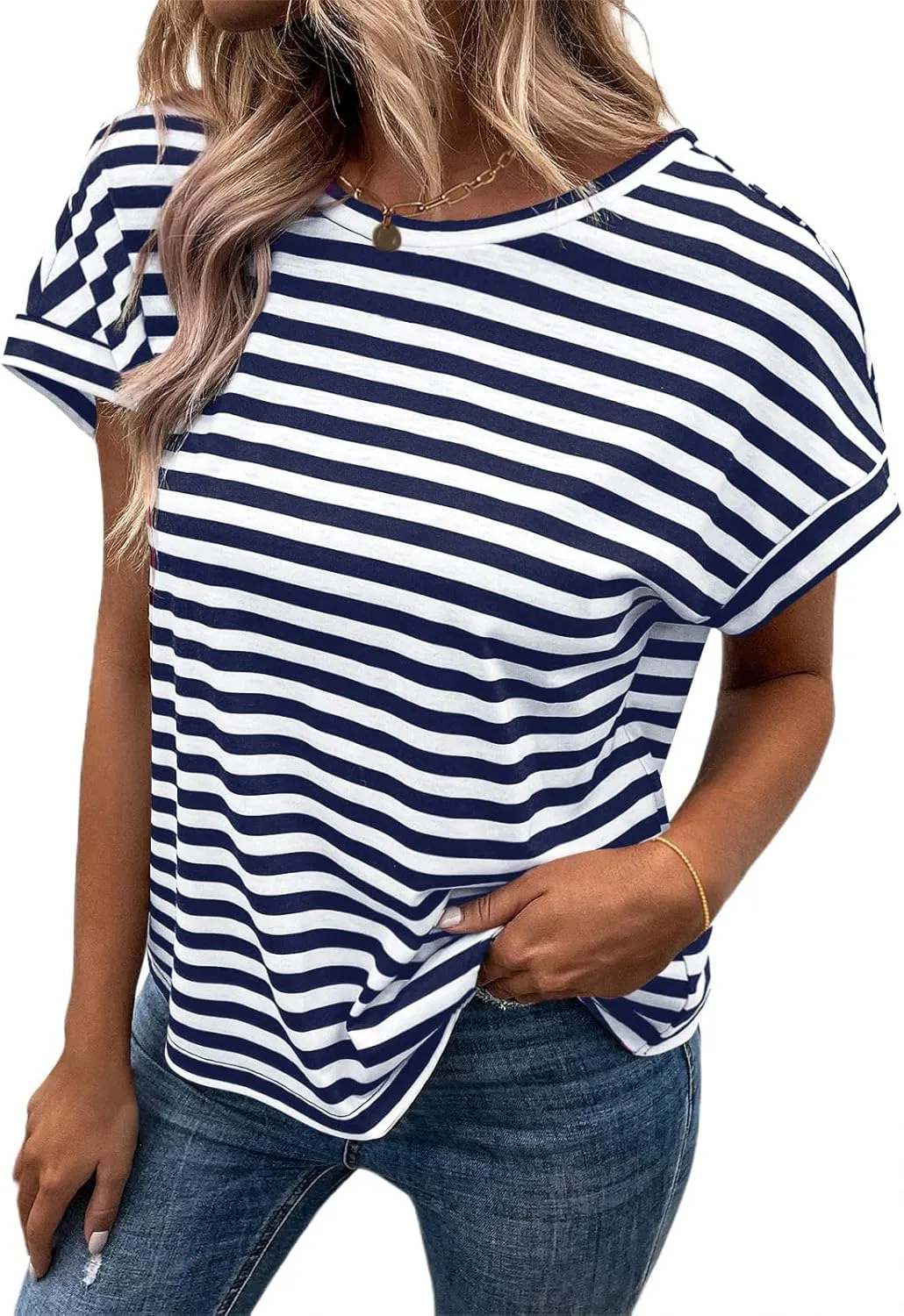 LilyCoco Womens Striped Open Back Tops Criss Cross Back Batwing Sleeve T Shirt