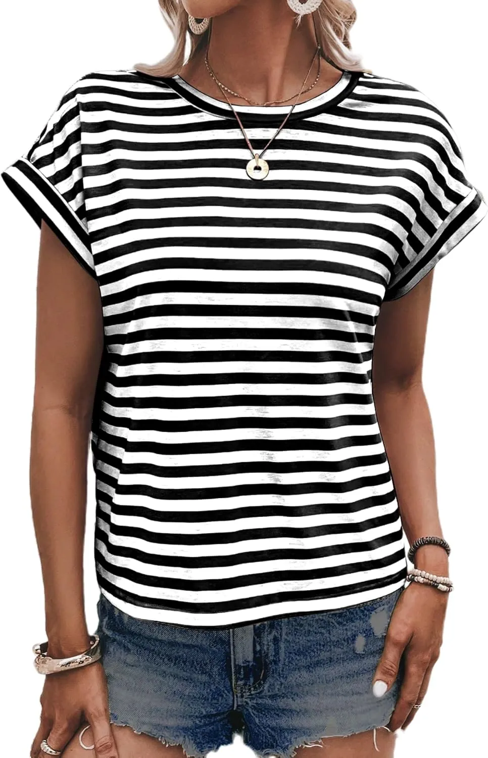 LilyCoco Womens Striped Open Back Tops Criss Cross Back Batwing Sleeve T Shirt