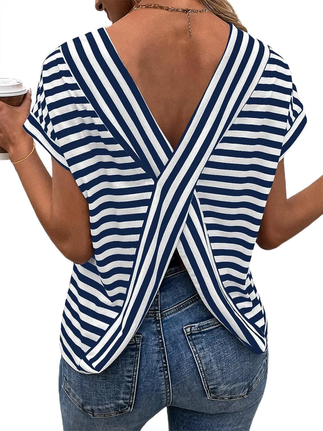 LilyCoco Womens Striped Open Back Tops Criss Cross Back Batwing Sleeve T Shirt