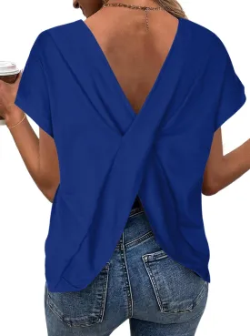LilyCoco Women's Tie Dye Short Sleeve Shirt Criss Cross Back Tops Casual Loose Tee