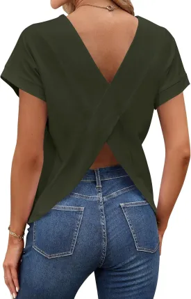 LilyCoco Women's Tie Dye Short Sleeve Shirt Criss Cross Back Tops Casual Loose Tee