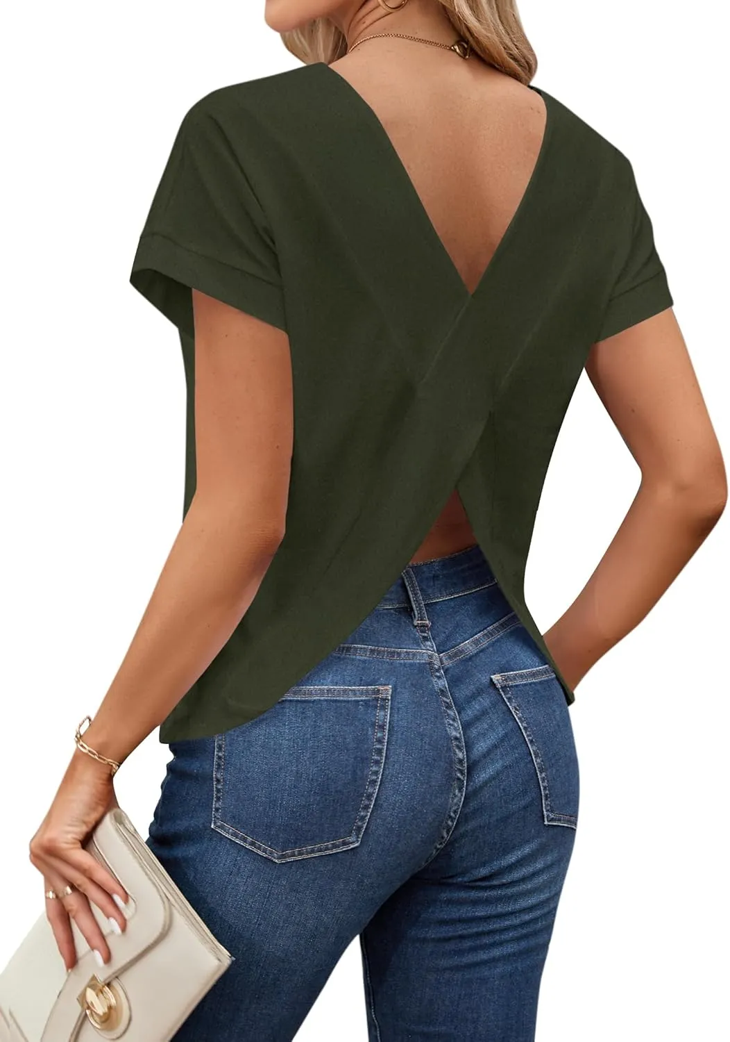 LilyCoco Women's Tie Dye Short Sleeve Shirt Criss Cross Back Tops Casual Loose Tee