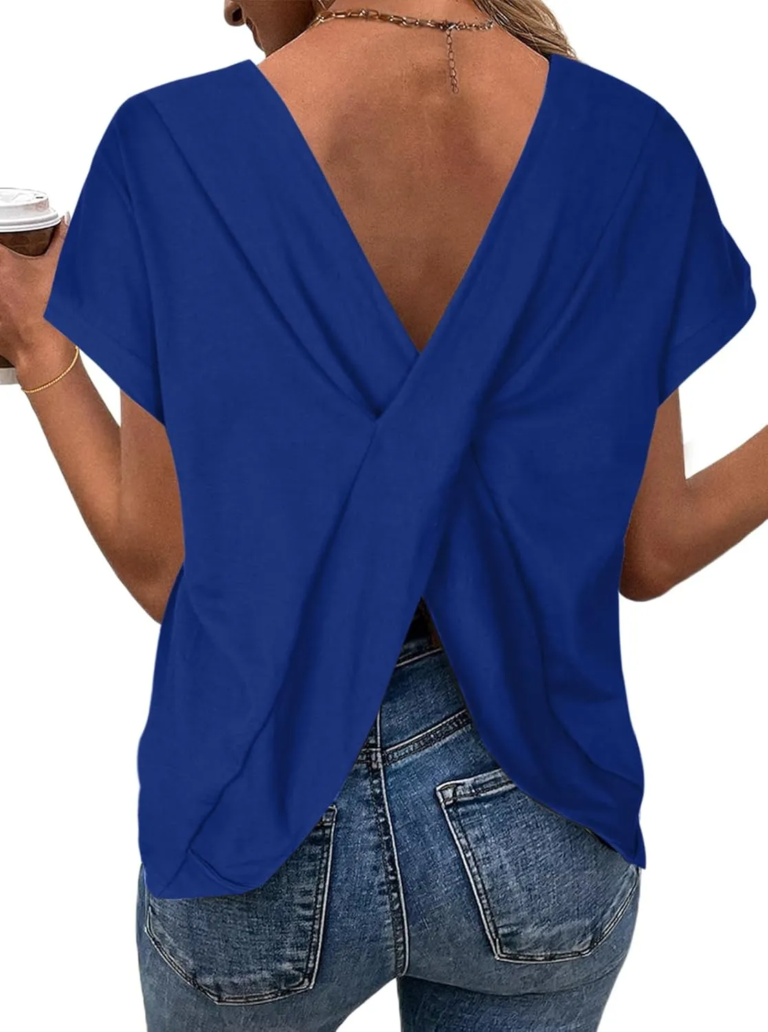 LilyCoco Women's Tie Dye Short Sleeve Shirt Criss Cross Back Tops Casual Loose Tee