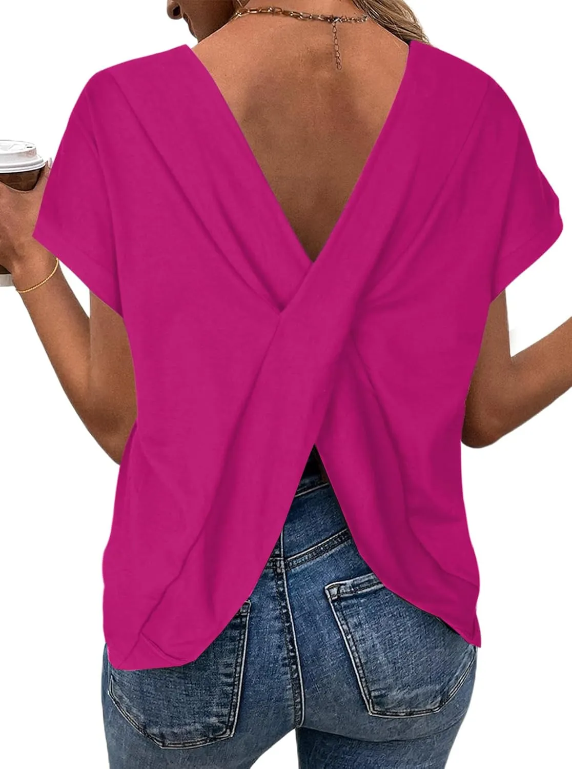 LilyCoco Women's Tie Dye Short Sleeve Shirt Criss Cross Back Tops Casual Loose Tee