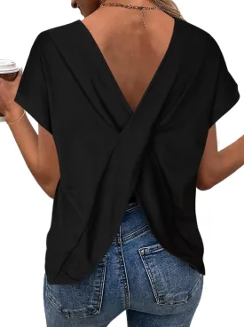 LilyCoco Women's Tie Dye Short Sleeve Shirt Criss Cross Back Tops Casual Loose Tee