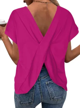 LilyCoco Women's Tie Dye Short Sleeve Shirt Criss Cross Back Tops Casual Loose Tee