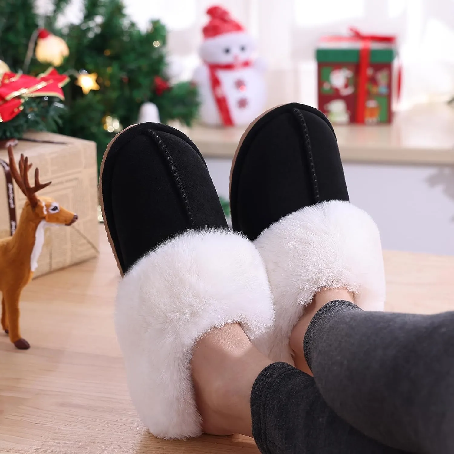Litfun Fuzzy House Slippers for Women Fluffy Memory Foam Suede Slippers with Faux Fur Collar Indoor Outdoor