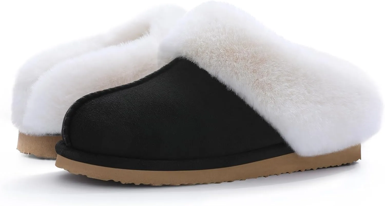 Litfun Fuzzy House Slippers for Women Fluffy Memory Foam Suede Slippers with Faux Fur Collar Indoor Outdoor
