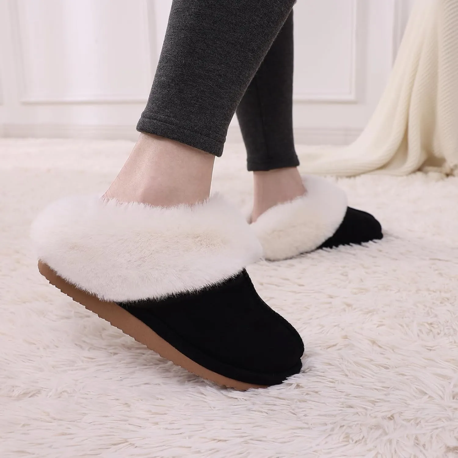 Litfun Fuzzy House Slippers for Women Fluffy Memory Foam Suede Slippers with Faux Fur Collar Indoor Outdoor