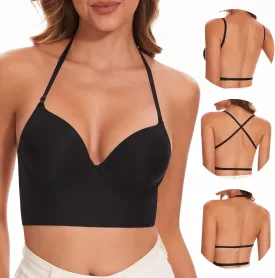 Low Back Bra for Women-Seamless Invisiable Backless Bras-Lightly Lined No Show Open Back Low Cut Bra Multiway Halter Bras