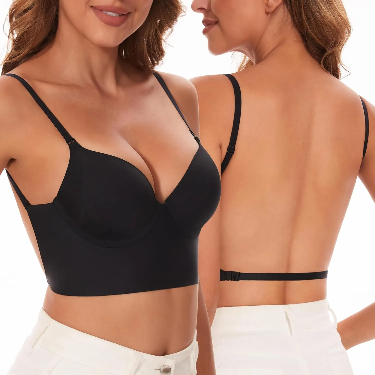 Low Back Bra for Women-Seamless Invisiable Backless Bras-Lightly Lined No Show Open Back Low Cut Bra Multiway Halter Bras