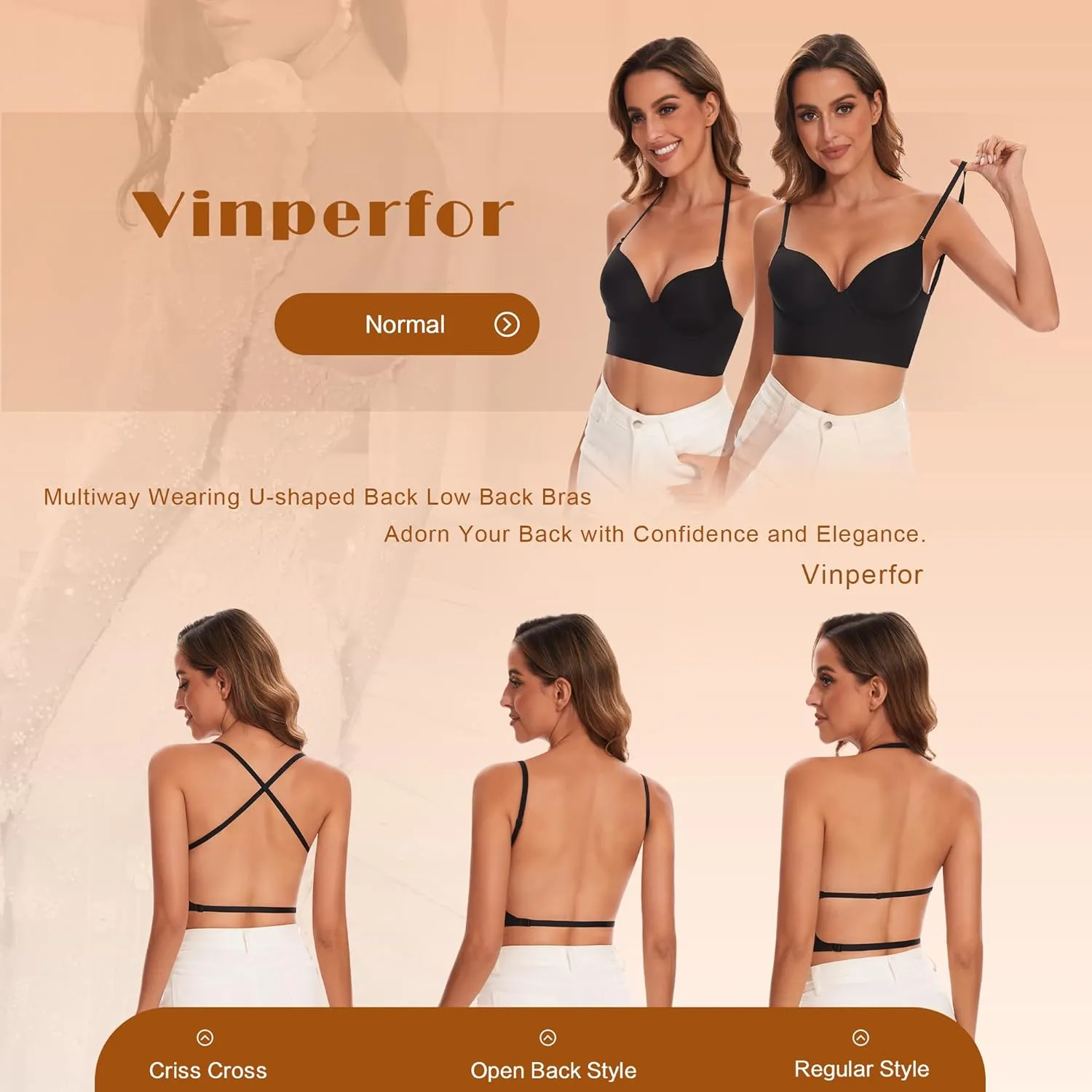 Low Back Bra for Women-Seamless Invisiable Backless Bras-Lightly Lined No Show Open Back Low Cut Bra Multiway Halter Bras