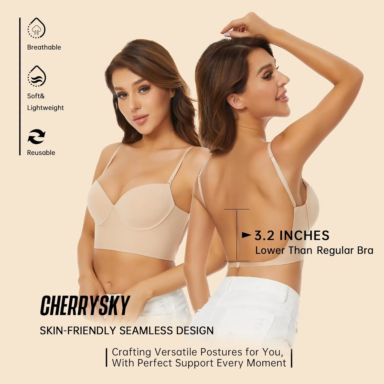 Low Back Bras for Women-Seamless Invisible Backless Bra-Lightly Lined Demi Multiway Bra No Show Low Cut Halter Bras