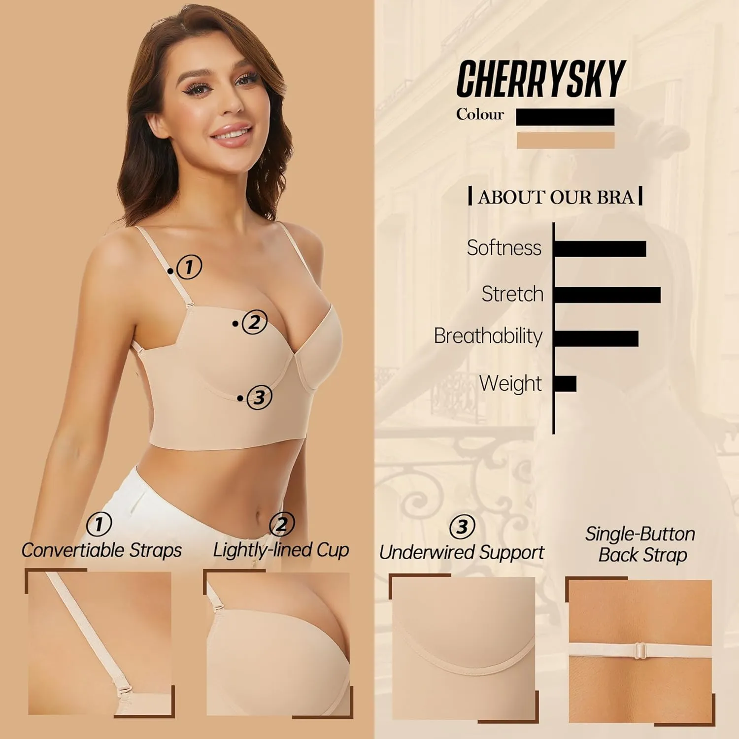 Low Back Bras for Women-Seamless Invisible Backless Bra-Lightly Lined Demi Multiway Bra No Show Low Cut Halter Bras
