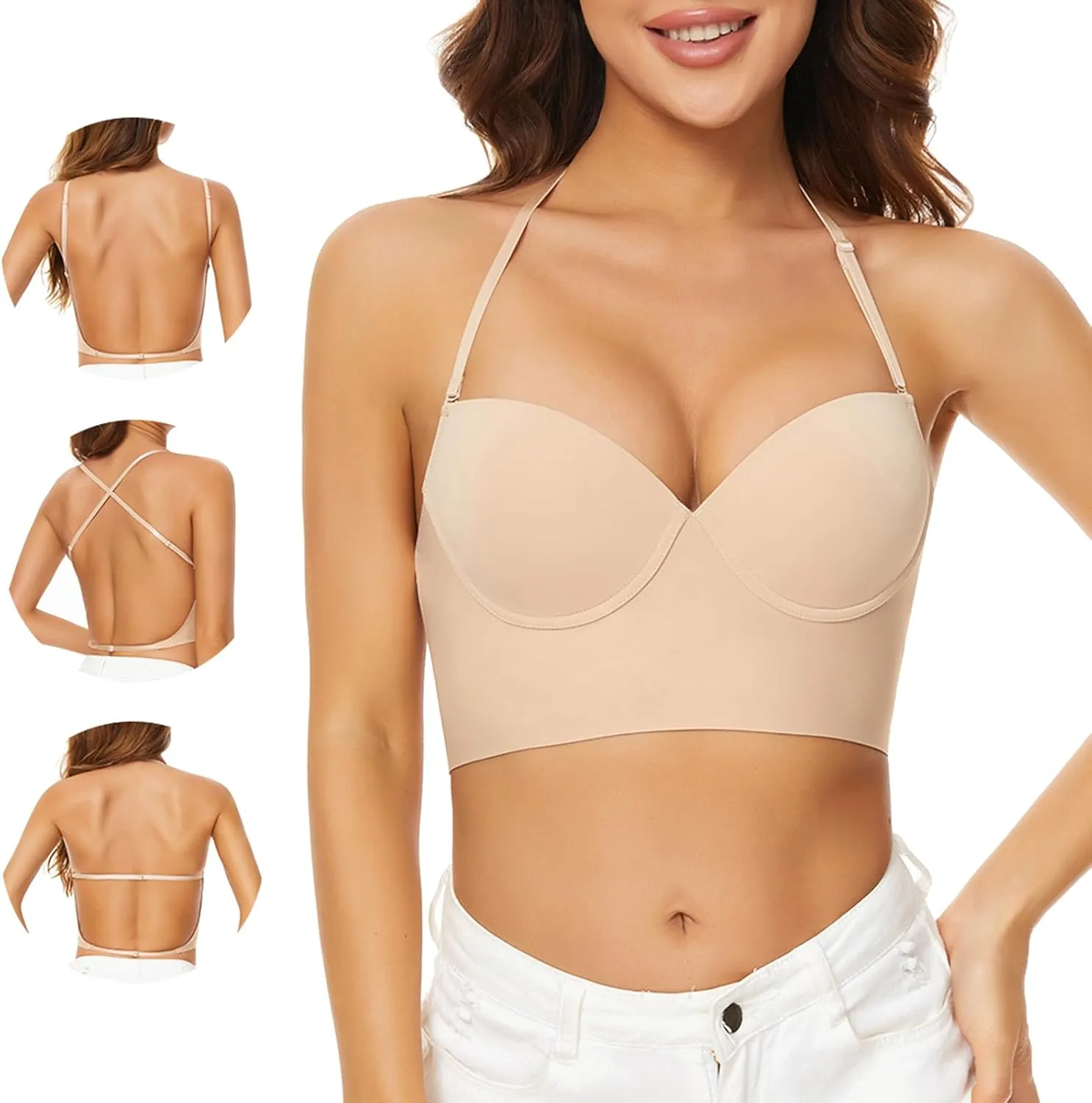 Low Back Bras for Women-Seamless Invisible Backless Bra-Lightly Lined Demi Multiway Bra No Show Low Cut Halter Bras