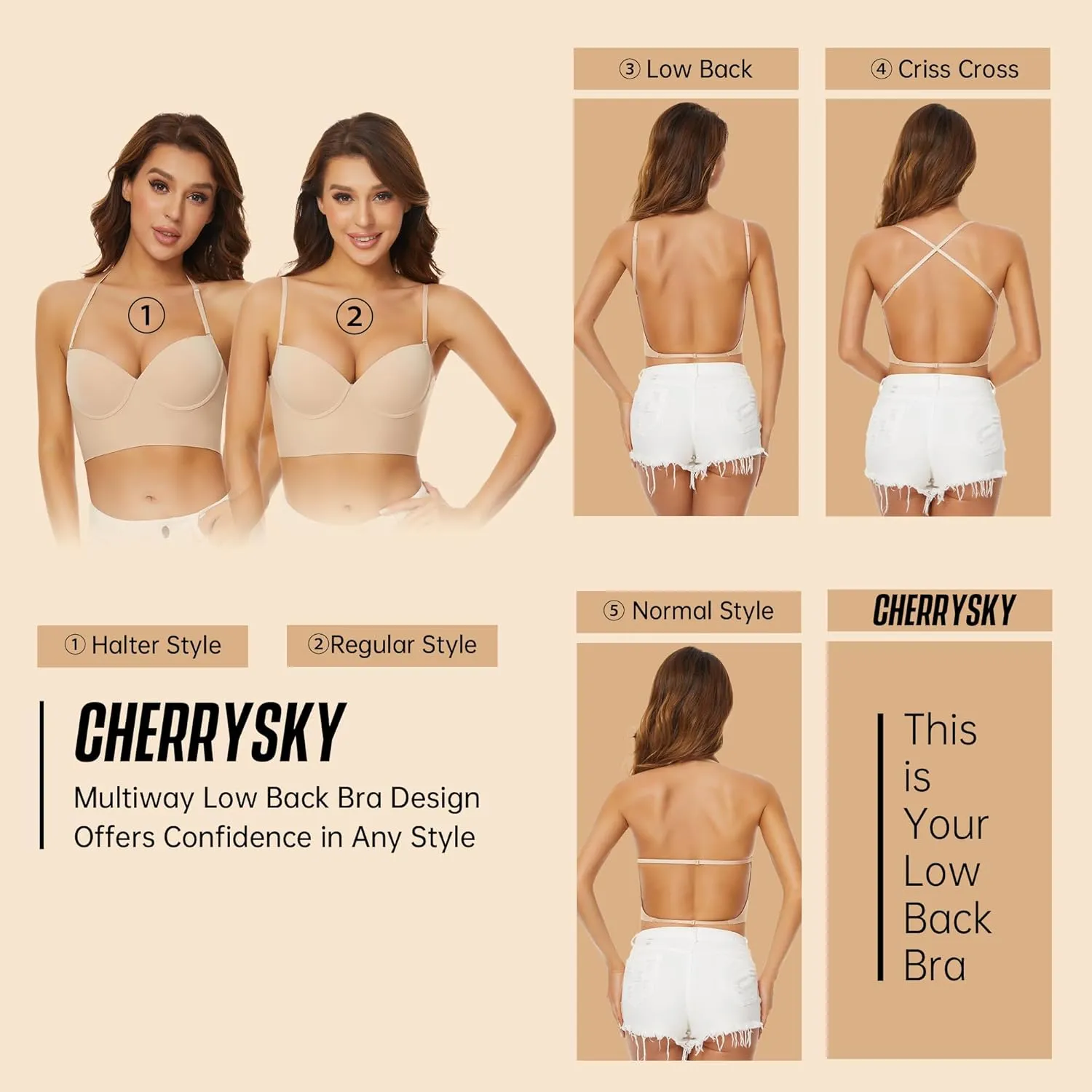 Low Back Bras for Women-Seamless Invisible Backless Bra-Lightly Lined Demi Multiway Bra No Show Low Cut Halter Bras