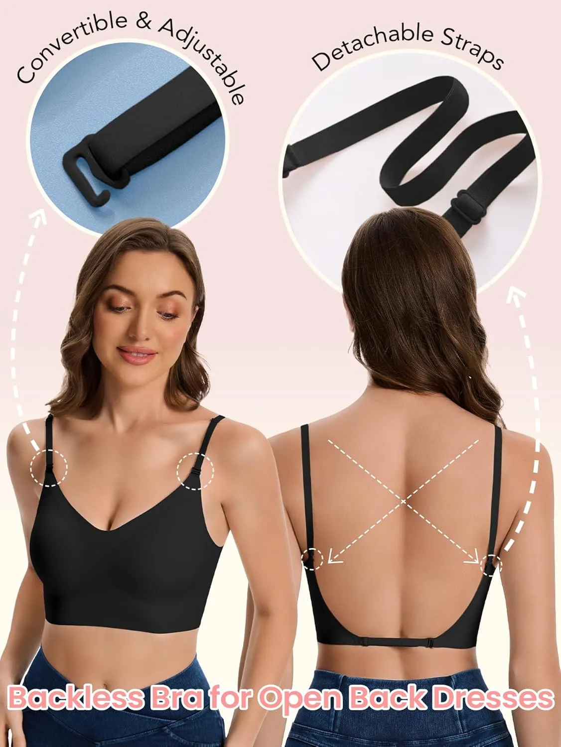 Low Back Bras for Women Seamless Multiway Bralette Removable Pads Open Back Wireless Bra for Backless Dress