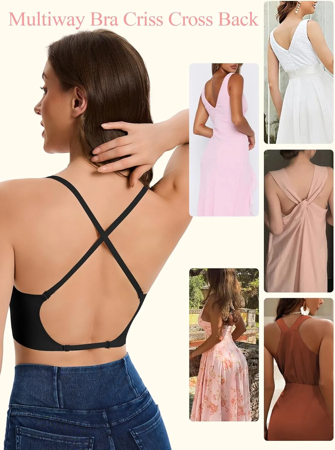 Low Back Bras for Women Seamless Multiway Bralette Removable Pads Open Back Wireless Bra for Backless Dress
