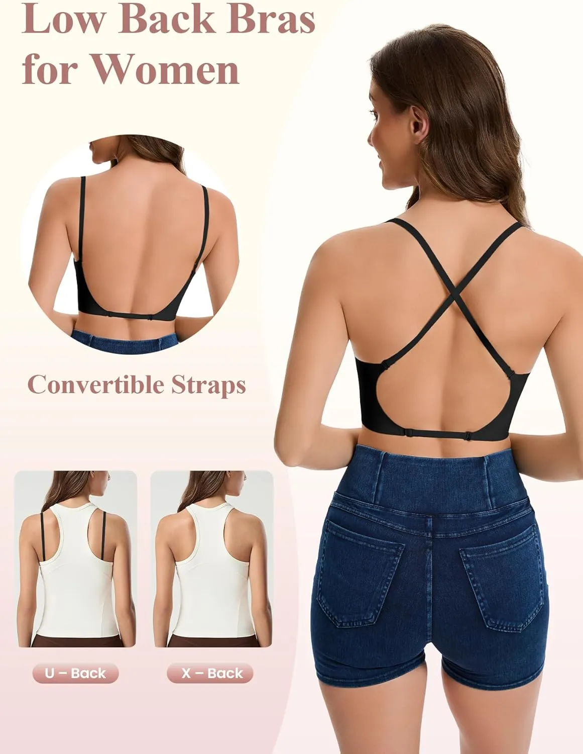 Low Back Bras for Women Seamless Multiway Bralette Removable Pads Open Back Wireless Bra for Backless Dress
