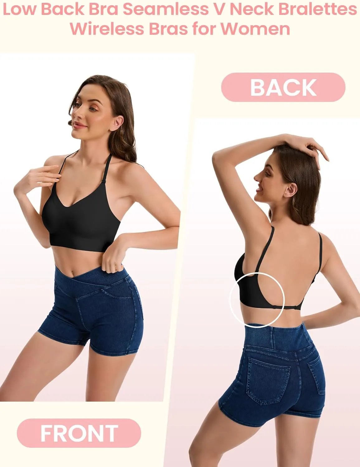 Low Back Bras for Women Seamless Multiway Bralette Removable Pads Open Back Wireless Bra for Backless Dress