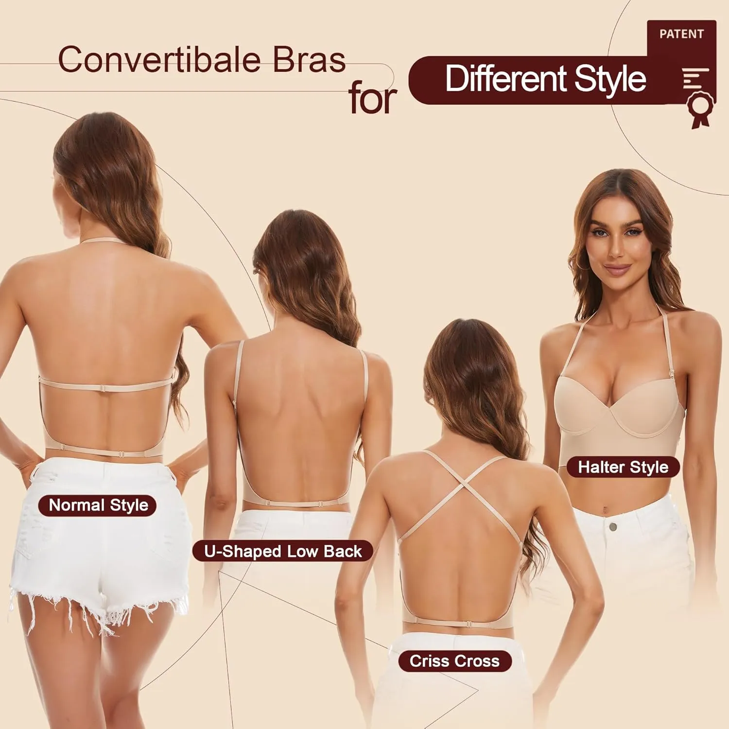 Low Back Bras for Women, Seamless Underwire Invisible Backless Bra, Multi-Way Convertible Straps Low Cut Bras Halter Bra