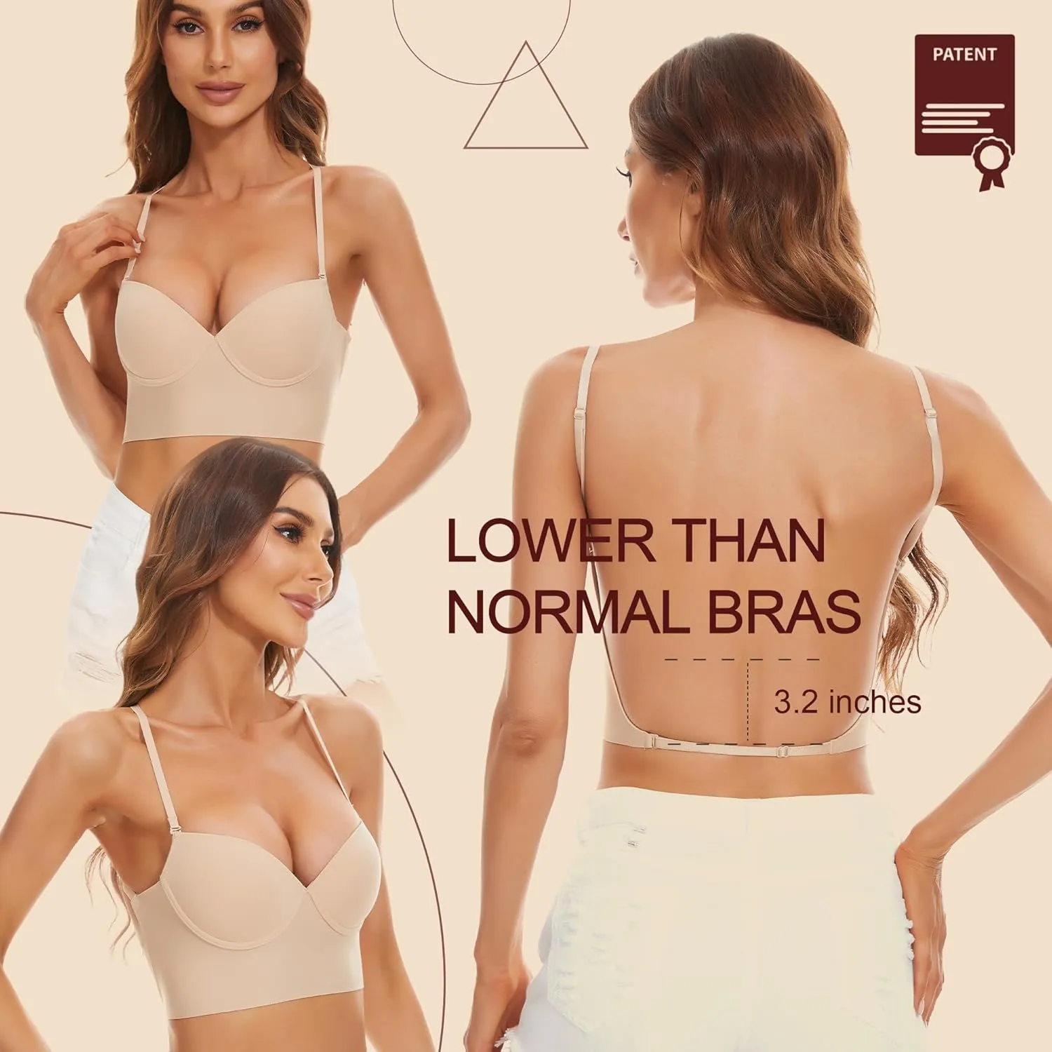 Low Back Bras for Women, Seamless Underwire Invisible Backless Bra, Multi-Way Convertible Straps Low Cut Bras Halter Bra