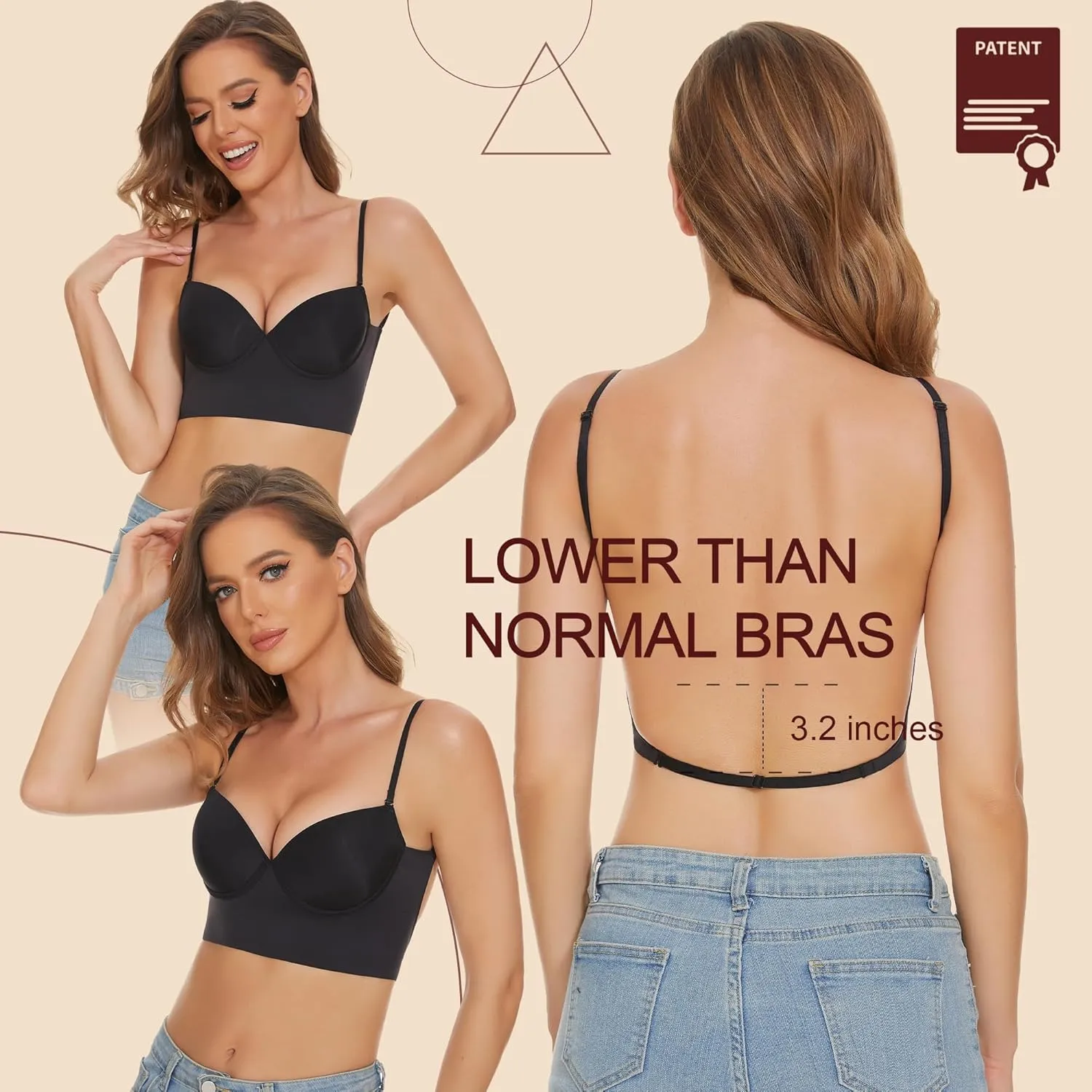 Low Back Bras for Women, Seamless Underwire Invisible Backless Bra, Multi-Way Convertible Straps Low Cut Bras Halter Bra