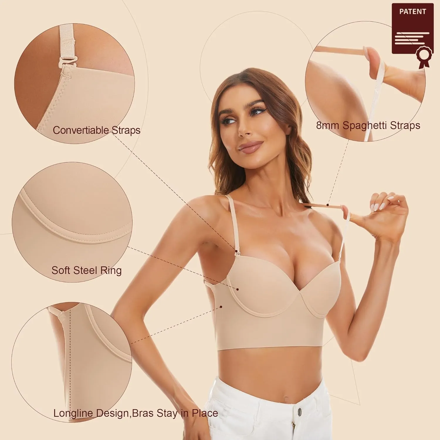 Low Back Bras for Women, Seamless Underwire Invisible Backless Bra, Multi-Way Convertible Straps Low Cut Bras Halter Bra