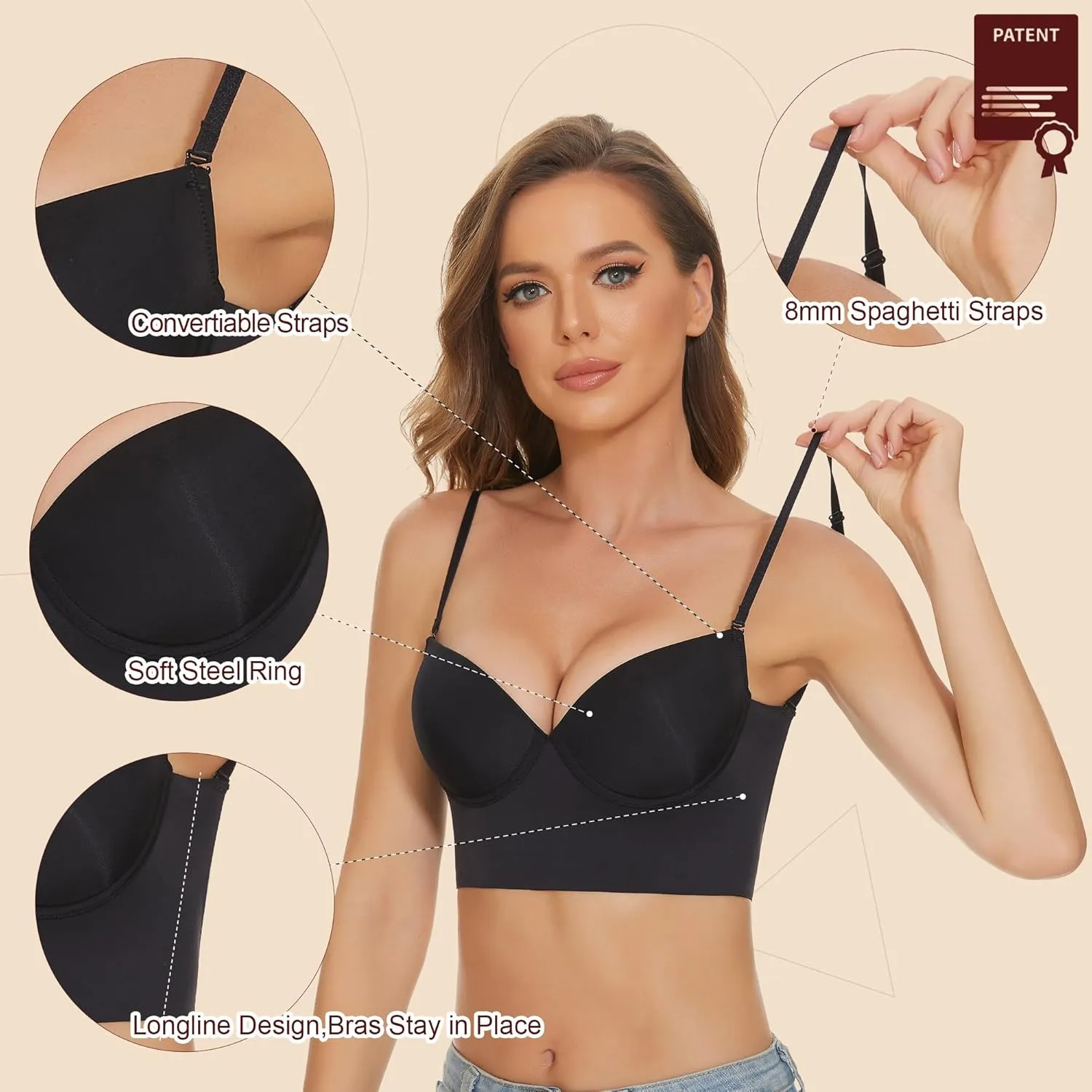 Low Back Bras for Women, Seamless Underwire Invisible Backless Bra, Multi-Way Convertible Straps Low Cut Bras Halter Bra
