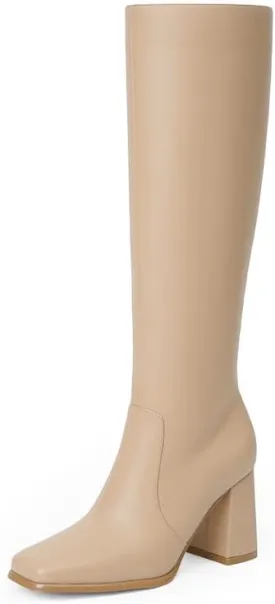 Modatope Knee High Boots Women Chunky Heel Square Toe Tall Boot for Women High Heel Side Zipper Long Boots