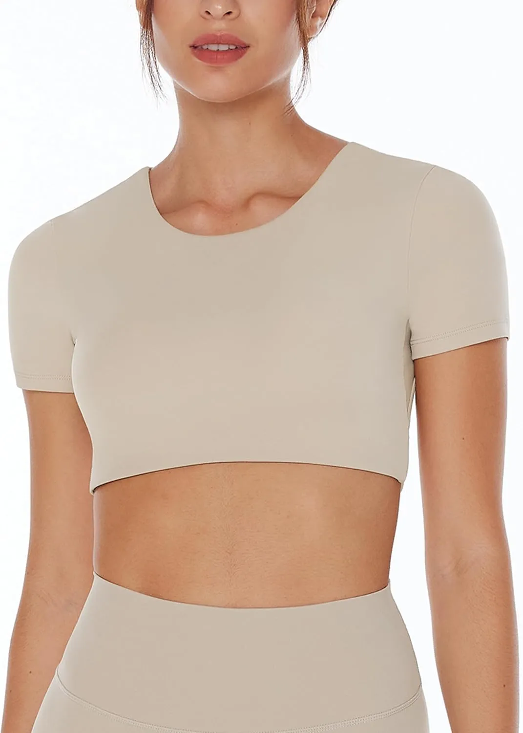Open Back Workout Crop Tops for Women Backless Yoga Shirts Gym Short Sleeve Mild Support Compression Tee with Bra