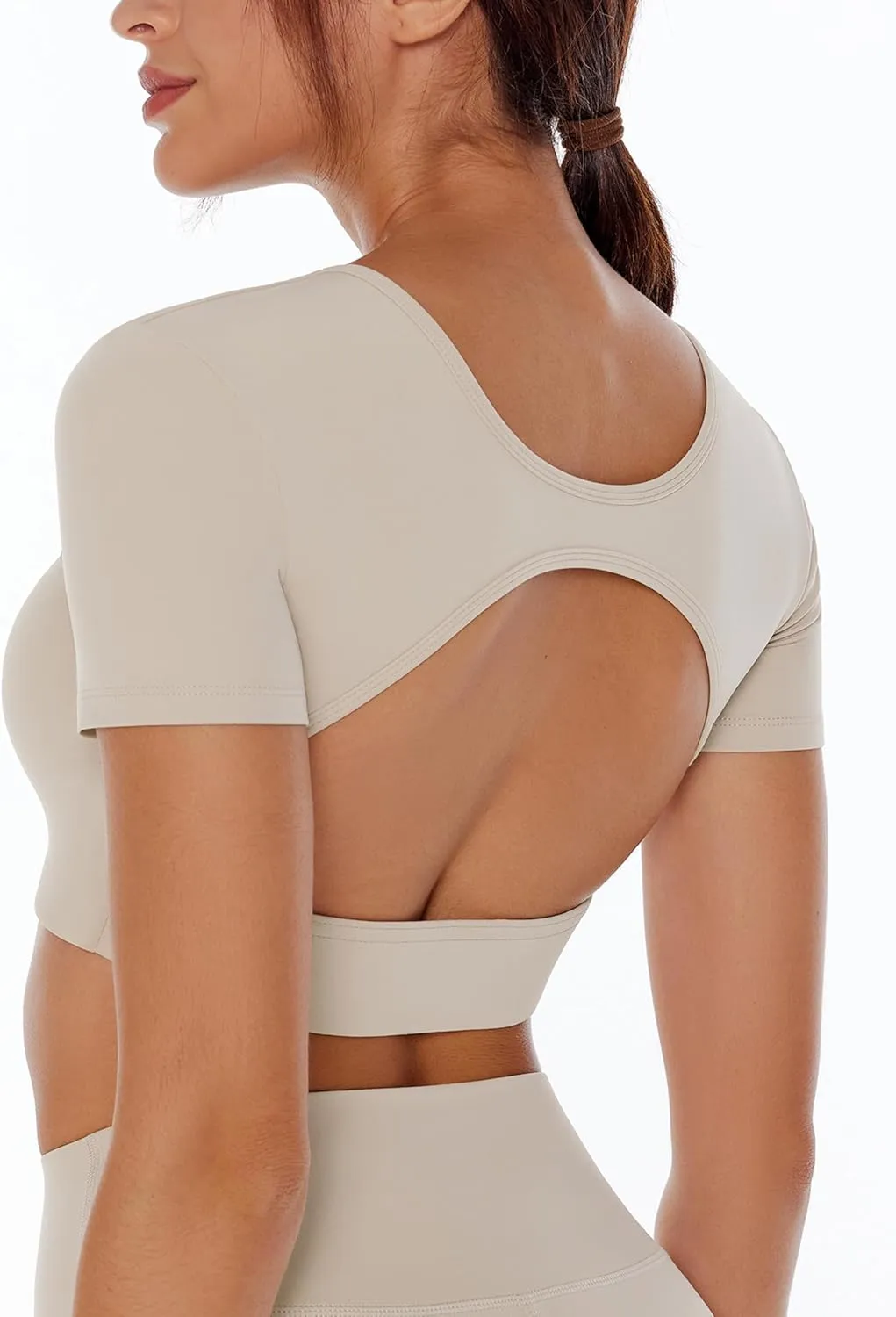 Open Back Workout Crop Tops for Women Backless Yoga Shirts Gym Short Sleeve Mild Support Compression Tee with Bra
