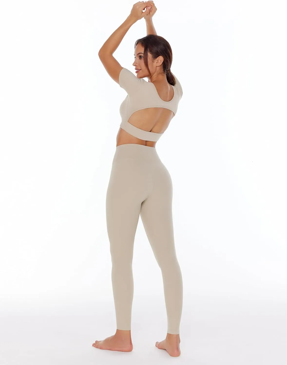 Open Back Workout Crop Tops for Women Backless Yoga Shirts Gym Short Sleeve Mild Support Compression Tee with Bra