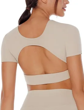 Open Back Workout Crop Tops for Women Backless Yoga Shirts Gym Short Sleeve Mild Support Compression Tee with Bra