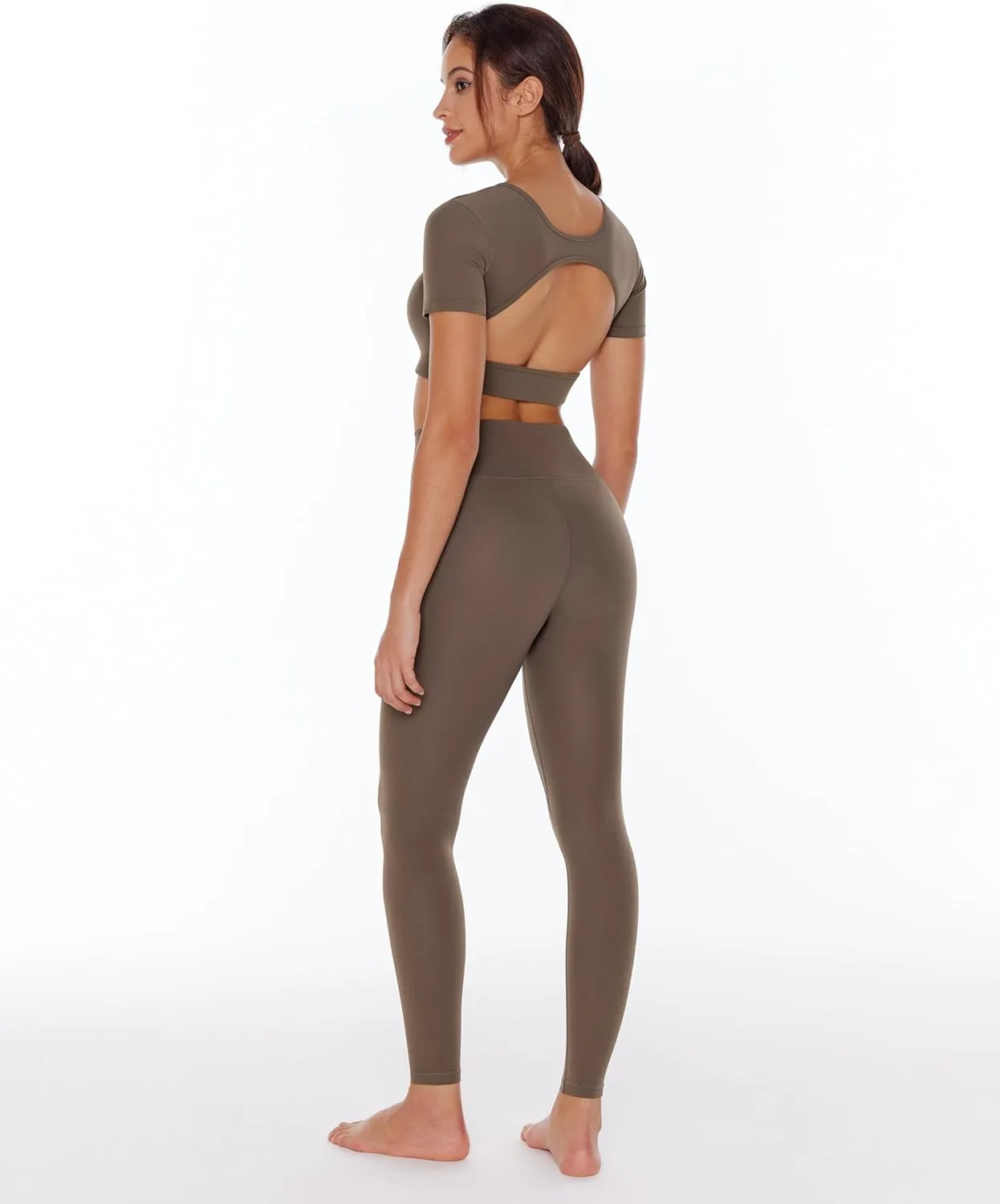 Open Back Workout Crop Tops for Women Backless Yoga Shirts Gym Short Sleeve Mild Support Compression Tee with Bra