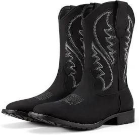 Rollda Cowboy Boots for Men Western Boots Men's Square Toe Chunky Heel Mid-Calf Boots Classic Embroidered Pull On Boots