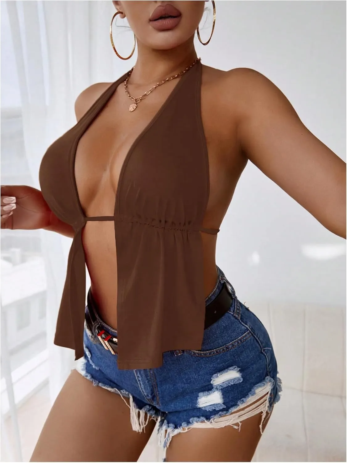 SOLY HUX Women's Open Back Tops Split Front Halter Tie Backless Sleeveless Sexy Top