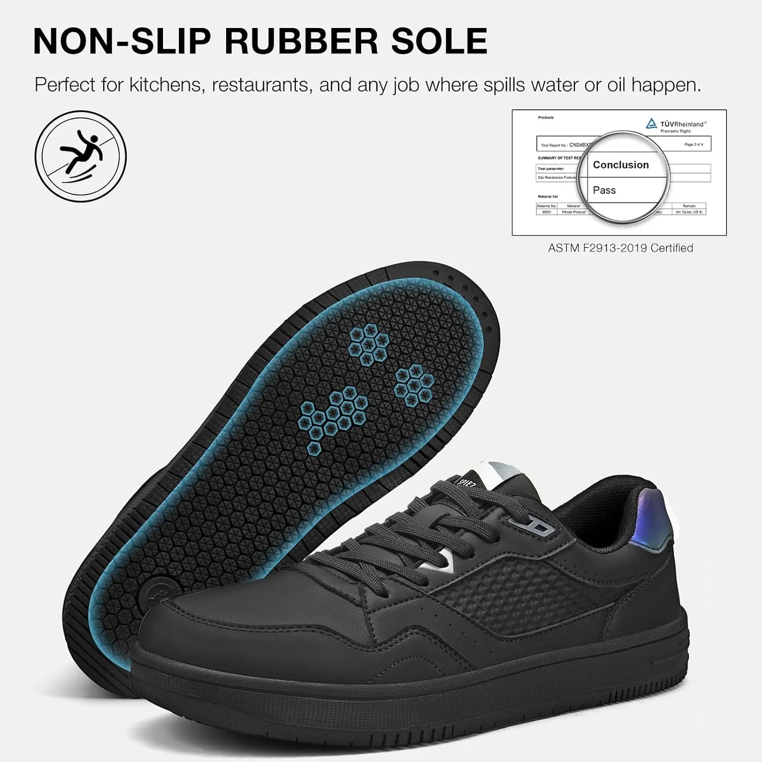 SPIEZ Non Slip Work Shoes Men Women, Oil Stain Slip Resistant Food Service Shoes, Breathable Lightweight Fashion Sneakers for Standing All Day Black US4.5-13.5