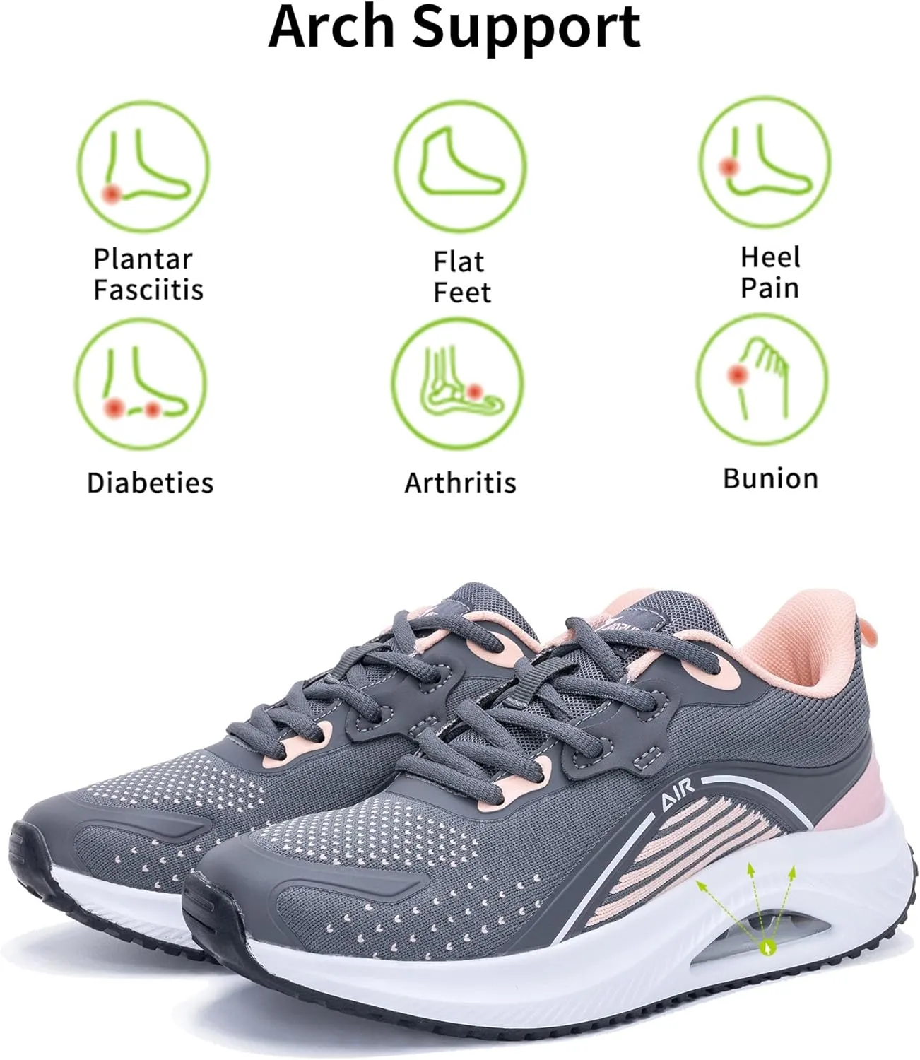 Womens Air Walking Shoes with Arch Support Tennis Orthotic Comfortable Sneakers for Plantar Fasciitis Pain Relief US 6-11